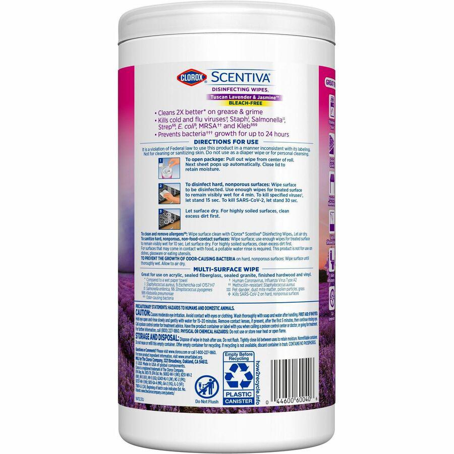 Clorox Scentiva Bleach-Free Disinfecting Wipes - Ready-To-Use Wipe - Tuscan Lavender & Jasmine Scent - 70 / Tub - 1 Each - White. Picture 8