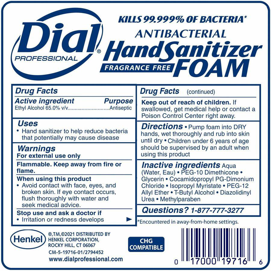 Dial Hand Sanitizer Foam Refill - 40.6 fl oz (1200 mL) - Bottle Dispenser - Bacteria Remover - Hand - White - Fragrance-free, Dye-free. Picture 3