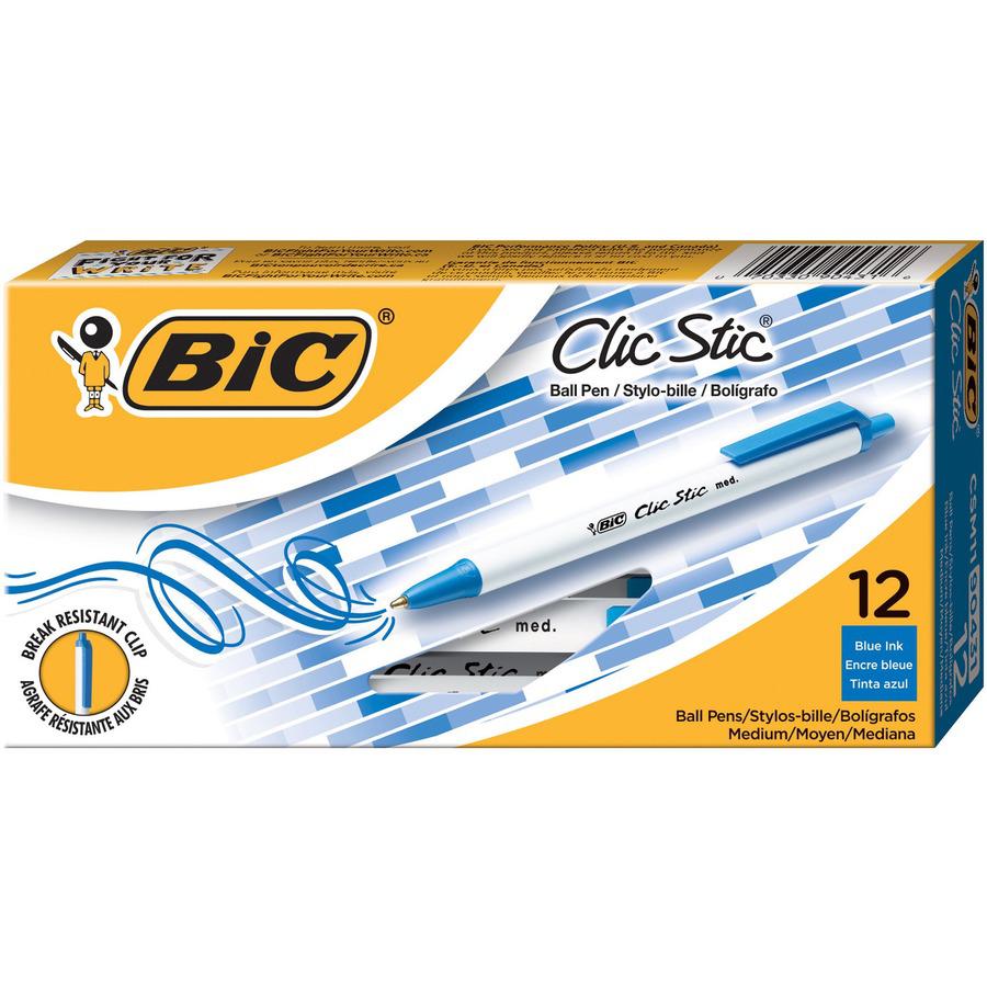 BIC Clic Stic Retractable Ballpoint Pens - Medium Pen Point - Round Pen Point Style - Retractable - Blue - Clear Barrel - 1 Dozen. Picture 2