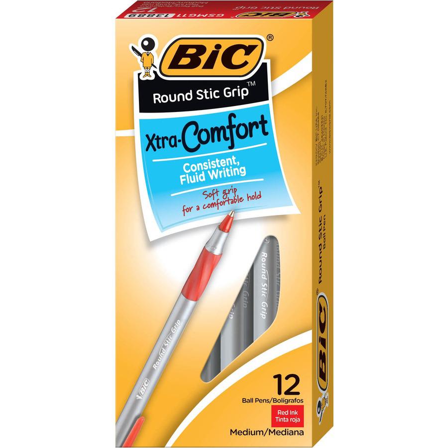 BIC Round Stic Grip Ballpoint Pen - Medium Pen Point - Red - Frost Barrel - 1 Dozen. Picture 4