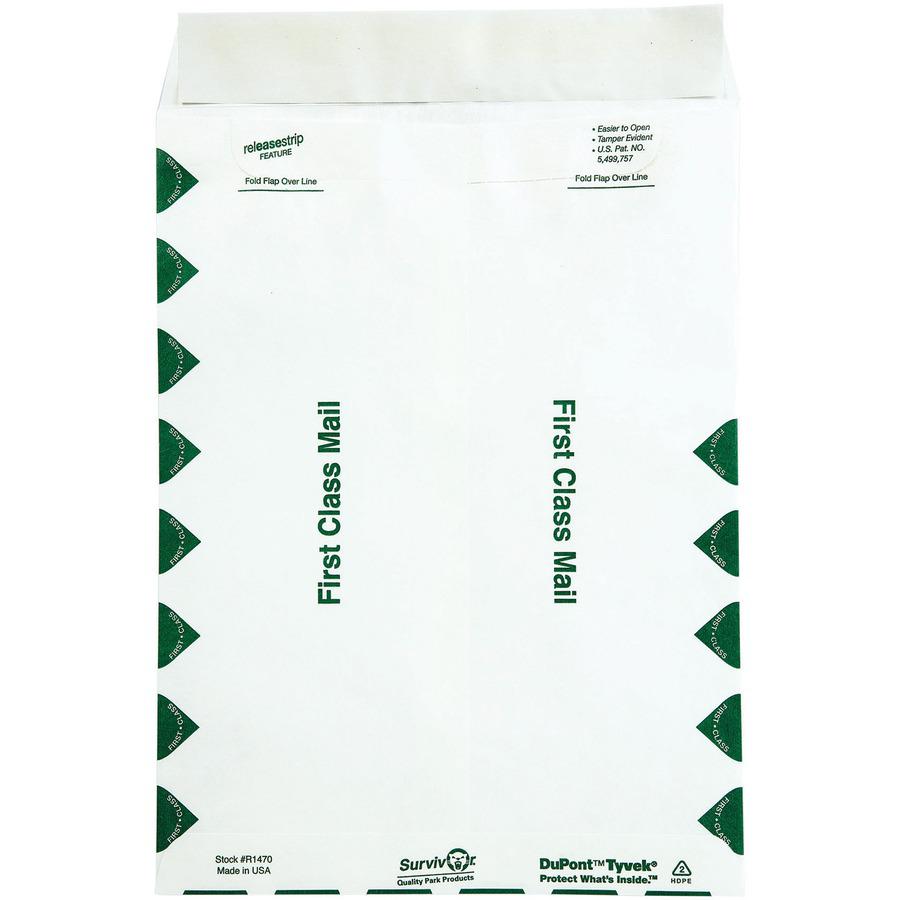 Survivor&reg; 9 x 12 DuPont Tyvek First Class Border Mailers with Self-Seal Closure - First Class Mail - #10 1/2 - 9" Width x 12" Length - 14 lb - Peel & Seal - Tyvek - 100 / Box - White. Picture 10