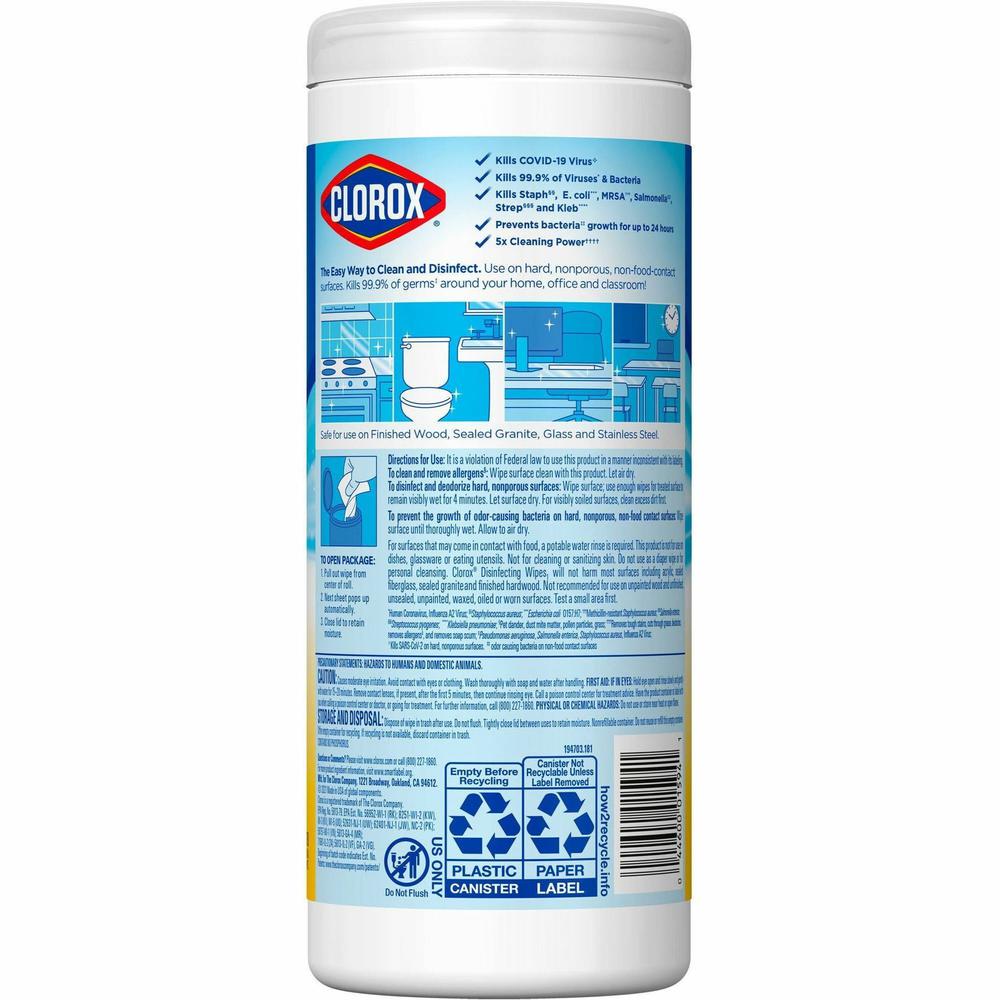 Clorox Disinfecting Cleaning Wipes - Ready-To-Use - Crisp Lemon Scent - 7" Length x 8" Width - 35 / Canister - 12 / Carton - Pleasant Scent, Disinfectant, Pre-moistened, Bleach-free - Yellow. Picture 9