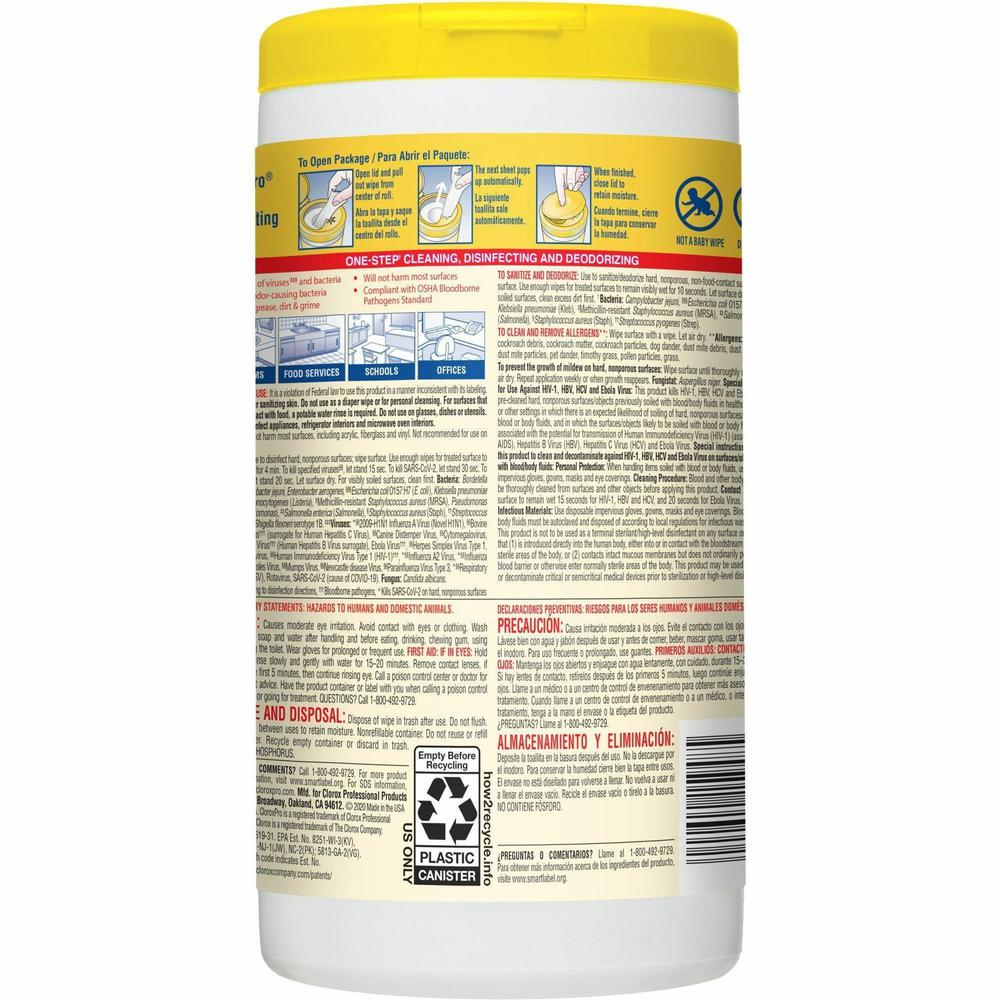 CloroxPro&trade; Disinfecting Wipes - For Multipurpose - Ready-To-Use - Lemon Fresh Scent - 75 / Canister - 6 / Carton - Pleasant Scent, Disinfectant, Pre-moistened, Textured, Streak-free, Bleach-free. Picture 8