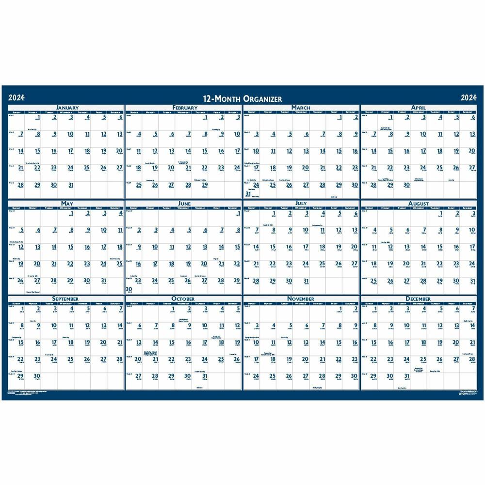 House of Doolittle Recycled Laminated Reversible Planner - Professional - Julian Dates - Yearly - 12 Month - January 2024 - December 2024 - 24" x 37" Blue/Gray Sheet - 1.25" x 1.63" , 1.38" Block - Bl. Picture 4