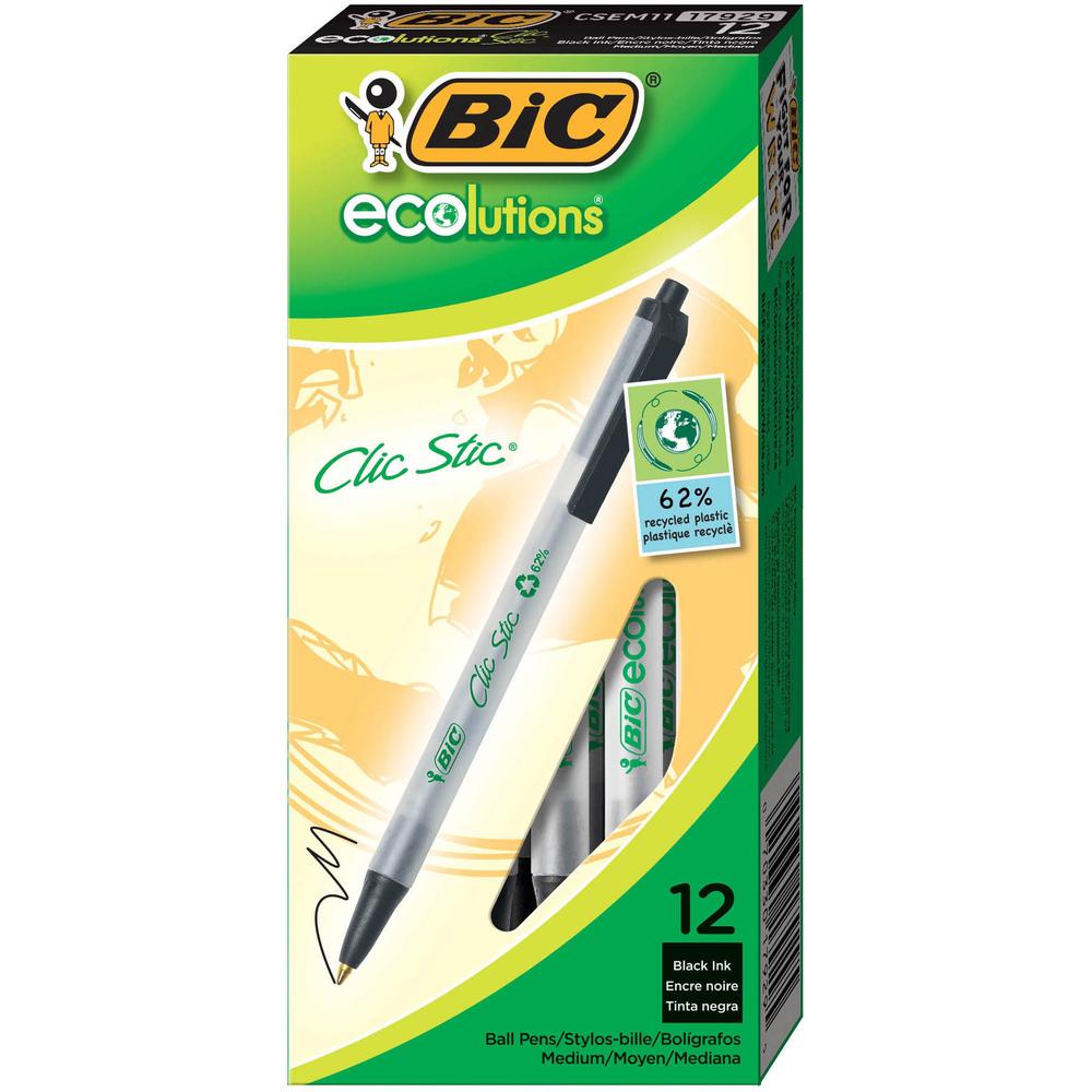 BIC Clic Stic Retractable Ball Pens - Medium Pen Point - Retractable - Black - Clear Barrel - 1 Dozen. Picture 5