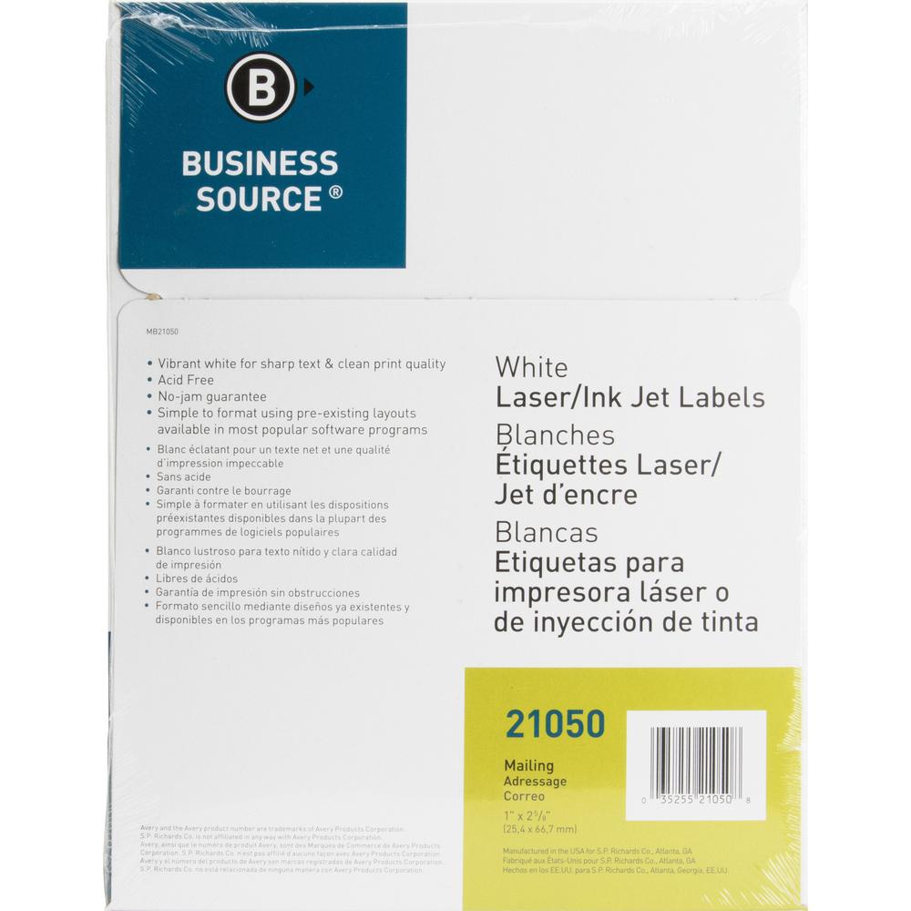 Business Source Bright White Premium-quality Address Labels - 1" Width x 2 5/8" Length - Permanent Adhesive - Rectangle - Laser, Inkjet - White - 30 / Sheet - 100 Total Sheets - 3000 / Pack - Jam-free. Picture 6