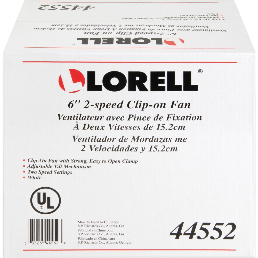 Lorell Clip-On Personal Fan - 152.4 mm Diameter - 2 Speed - Adjustable Tilt Head - 9.5" Height x 7.9" Width x 6" Depth - White. Picture 2