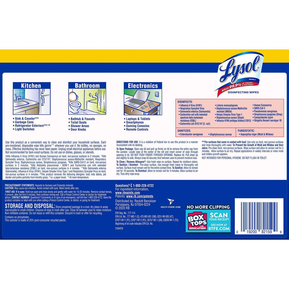 Lysol Disinfecting Wipes 3-pack - Lemon Scent - 35 / Canister - 3 / Pack - Disinfectant, Antibacterial - White. Picture 2