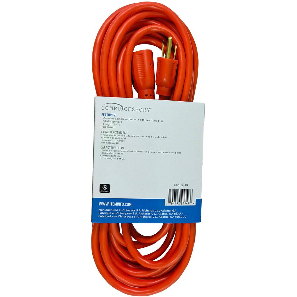 Compucessory Heavy-duty Indoor/Outdoor Extension Cord - 16 Gauge - 125 V AC / 13 A - Orange - 25 ft Cord Length - 1. Picture 3