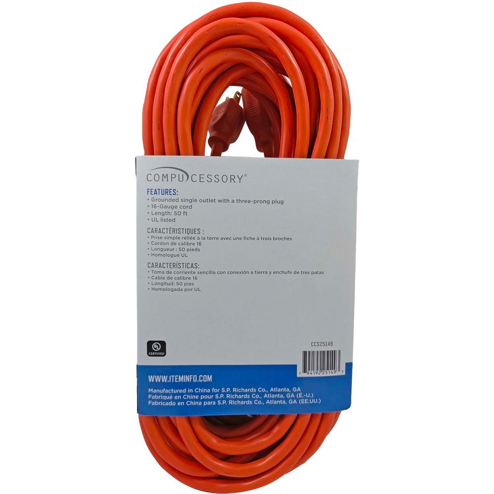 Compucessory Heavy-duty Indoor/Outdoor Extension Cord - 16 Gauge - 125 V AC13 A - Orange - 50 ft Cord Length - 1. Picture 2