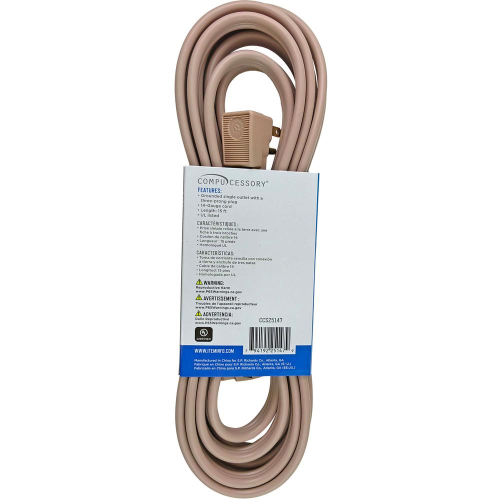 Compucessory Heavy Duty Indoor Extension Cord - 14 Gauge - 125 V AC / 15 A - Beige - 15 ft Cord Length - 1. Picture 2