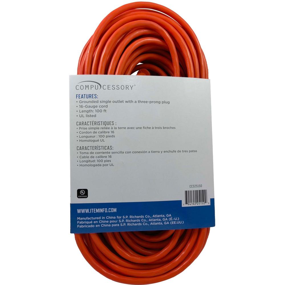 Compucessory Heavy-duty Indoor/Outdoor Extension Cord - 16 Gauge - 125 V AC / 13 A - Orange - 100 ft Cord Length - 1. Picture 2