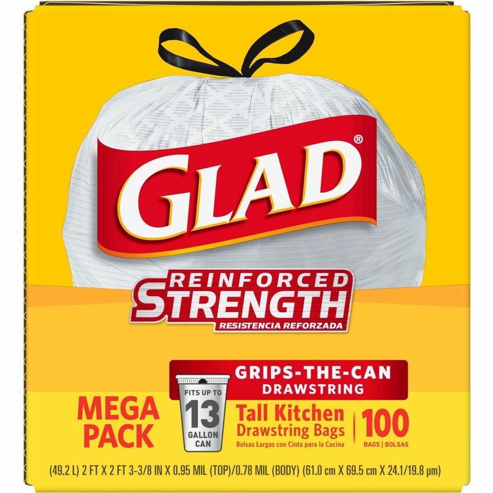 Glad ForceFlex Tall Kitchen Drawstring Trash Bags - 13 gal Capacity - 24" Width x 27" Length - Drawstring Closure - White - Plastic - 4/Carton - 100 Per Box - Kitchen, Office, Day Care, Restaurant, Sc. Picture 8