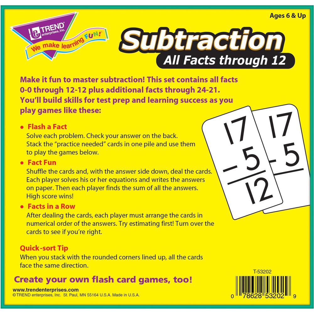 Trend Subtraction all facts through 12 Flash Cards - Theme/Subject: Learning - Skill Learning: Subtraction - 169 Pieces - 6+ - 169 / Box. Picture 4