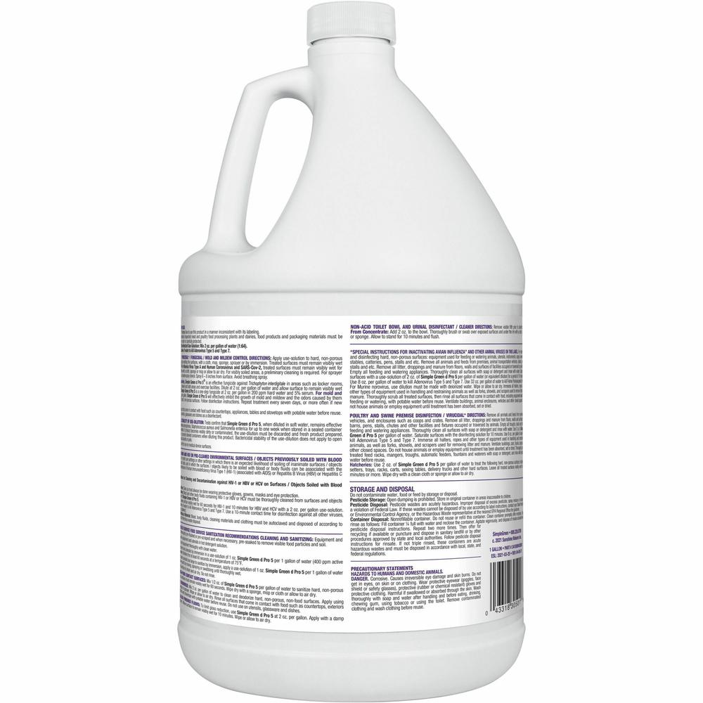 Simple Green D Pro 5 One-Step Disinfectant - Concentrate - 128 fl oz (4 quart) - 4 / Carton - Disinfectant, Unscented, Dye-free - Clear. Picture 2