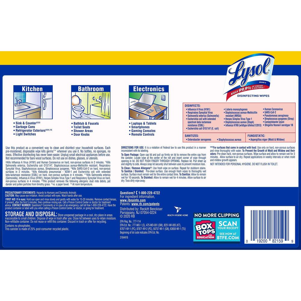 Lysol Disinfecting Wipes 3-pack - Lemon Scent - 35 / Canister - 12 / Carton - Disinfectant, Antibacterial - White. Picture 4