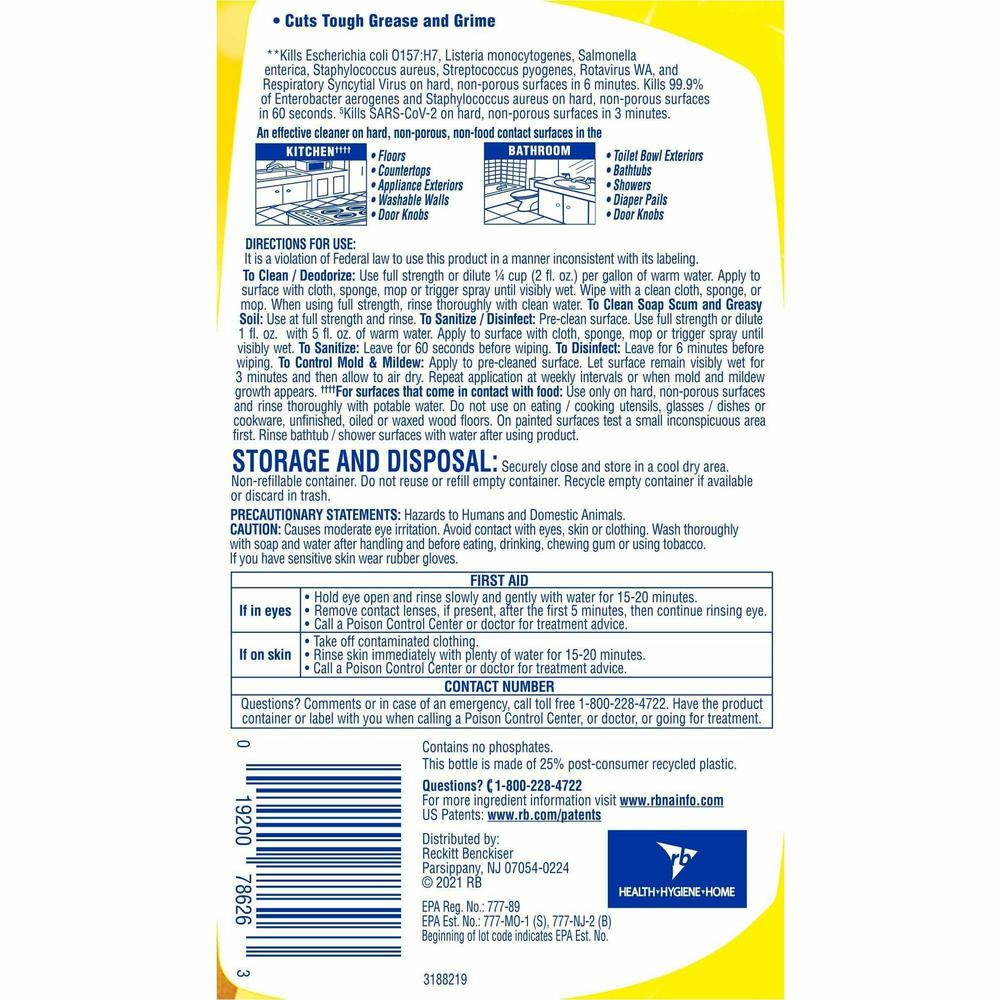 Lysol Clean/Fresh Lemon Cleaner - For Multipurpose - 40 fl oz (1.3 quart) - Lemon Scent - 9 / Carton - Yellow. Picture 4