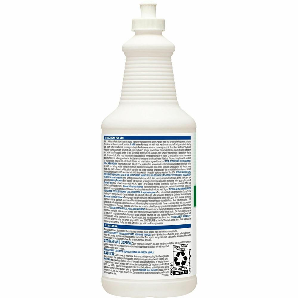 Clorox Healthcare Pull-Top Hydrogen Peroxide Cleaner Disinfectant - Ready-To-Use - 32 fl oz (1 quart) - 6 / Carton - Disinfectant - Clear. Picture 9