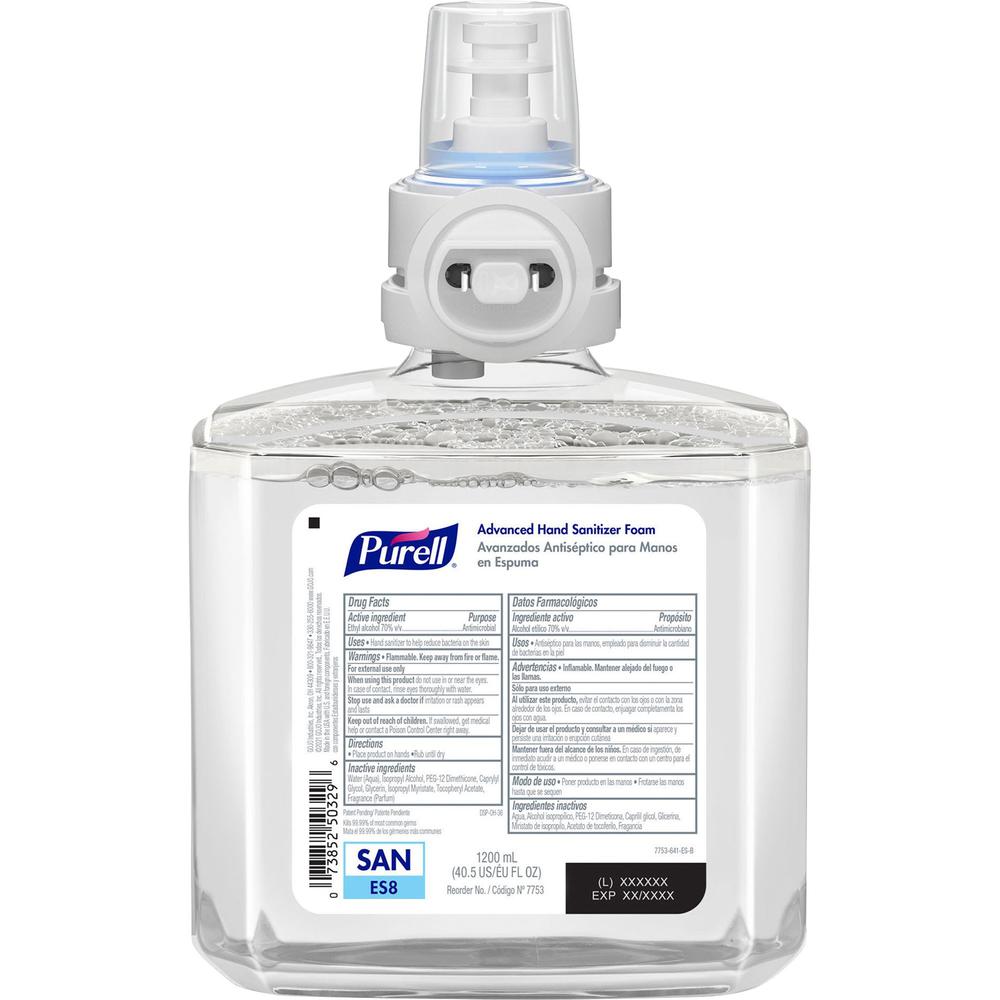 PURELL&reg; Advanced Hand Sanitizer Foam Refill - Clean Scent - 40.6 fl oz (1200 mL) - Touchless Dispenser - Kill Germs - Hand - Clear - Dye-free, Bio-based - 2 / Carton. Picture 2