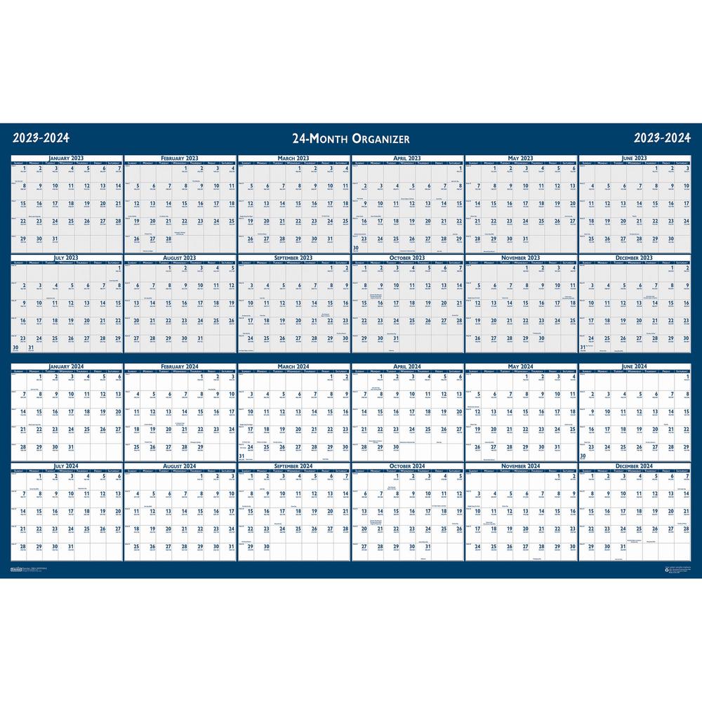 House of Doolittle 2 Year Wipe Off Classic Wall Calendar - Julian Dates - Yearly - 24 Month - January 2024 - December 2024 - 37" x 24" Sheet Size - Wire Bound - Blue - 6" Height - Laminated, Write on/. Picture 4