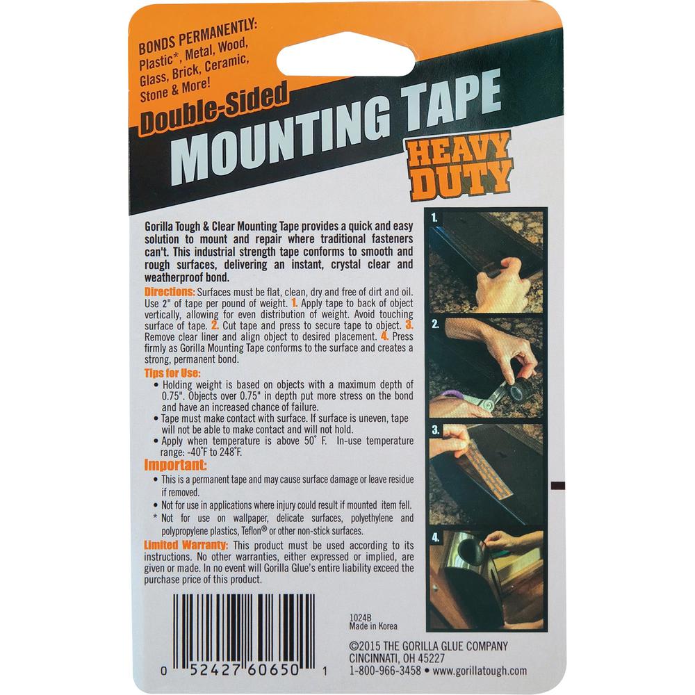 Gorilla Heavy Duty Mounting Tape - 5 ft Length x 1" Width - 1 Each - Black. Picture 2