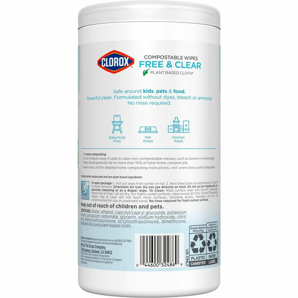Clorox Free & Clear Compostable All Purpose Cleaning Wipes - 4.25" Length x 4.25" Width - 75.0 / Tub - 1 Each - Bleach-safe, Dye-free, Scent-free, Durable - White. Picture 9