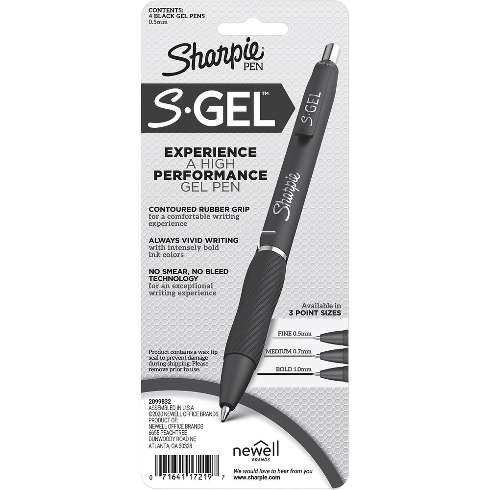 Sharpie S-Gel Pens - Fine Pen Point - 0.5 mm Pen Point Size - Black Gel-based Ink - Black Barrel - 4 / Pack. Picture 3