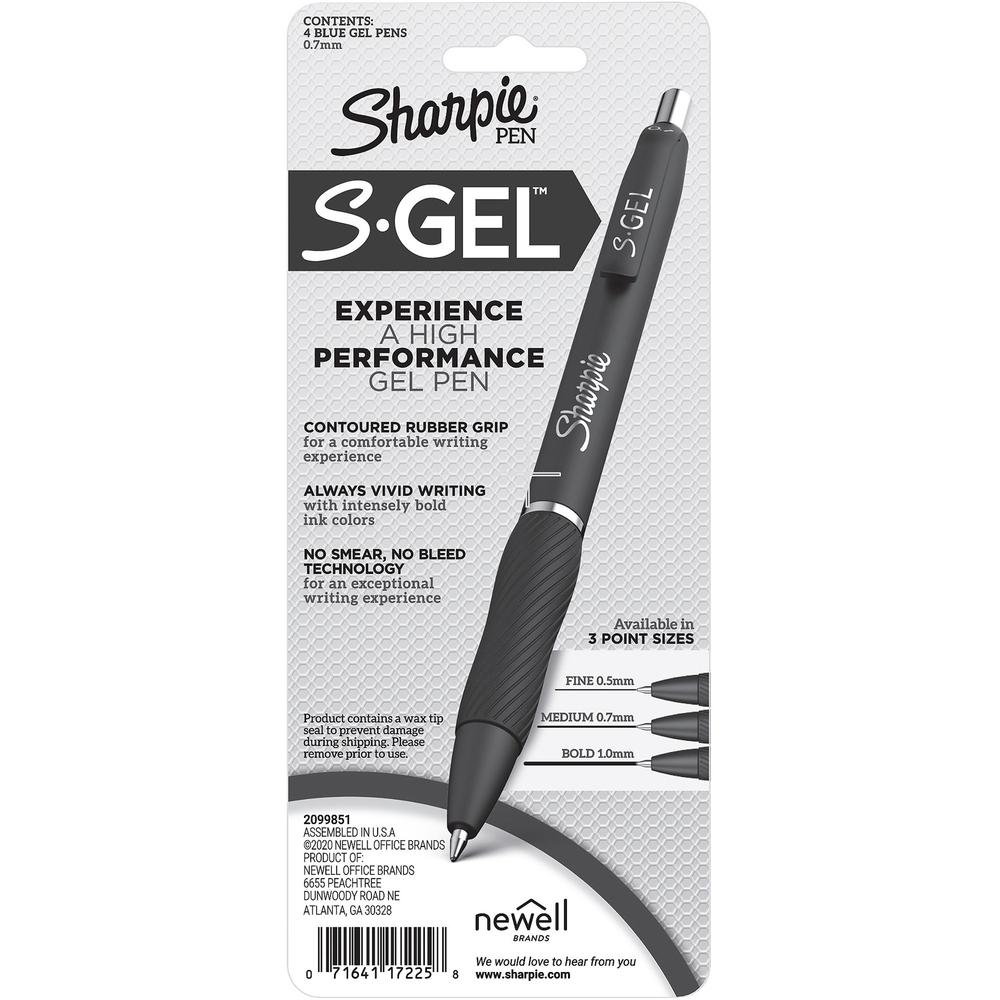 Sharpie S-Gel Pens - 0.7 mm Pen Point Size - Blue Gel-based Ink - Black Barrel - 4 / Pack. Picture 3
