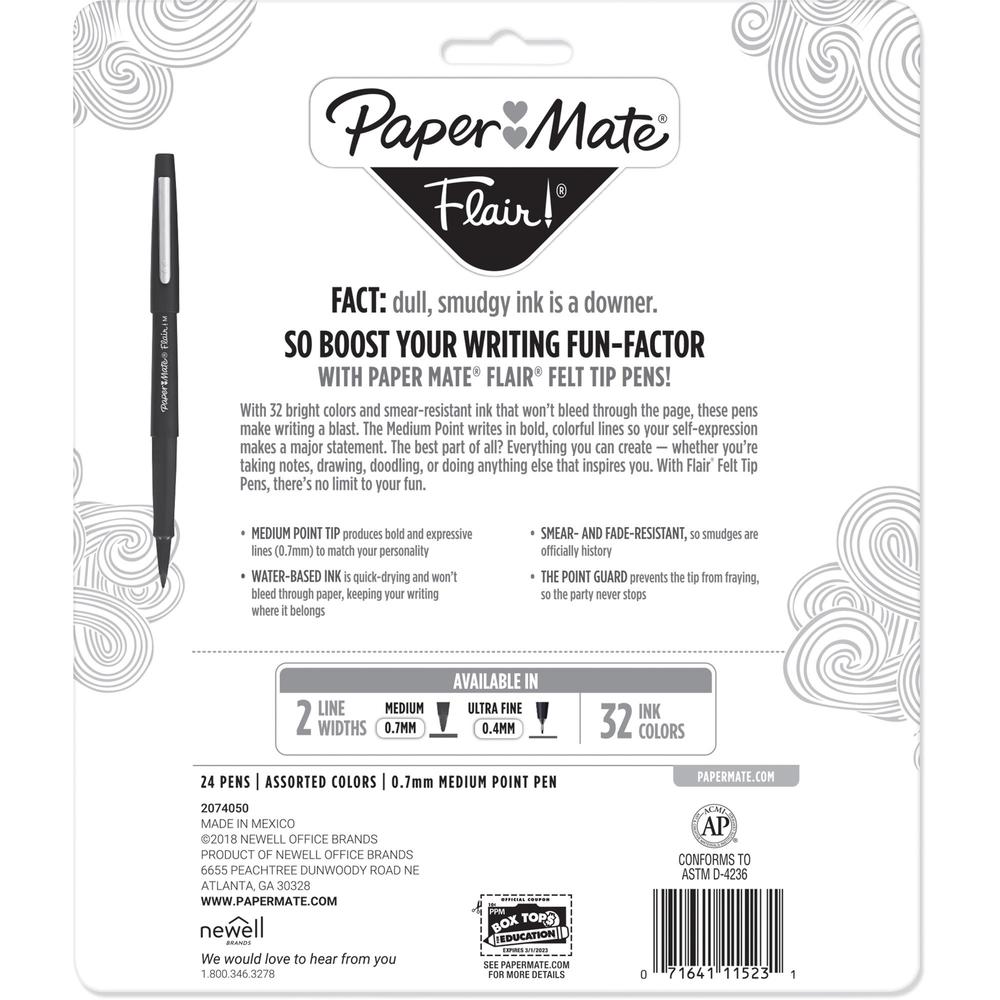 Paper Mate Flair Porous Point Pen - Medium Pen Point - 0.7 mm Pen Point Size - Bullet Pen Point Style - Black, Blue, Cranberry, Green, Guava, Lime, Magenta, Mocha, Navy, Orchid, Papaya, ... - Assorted. Picture 2