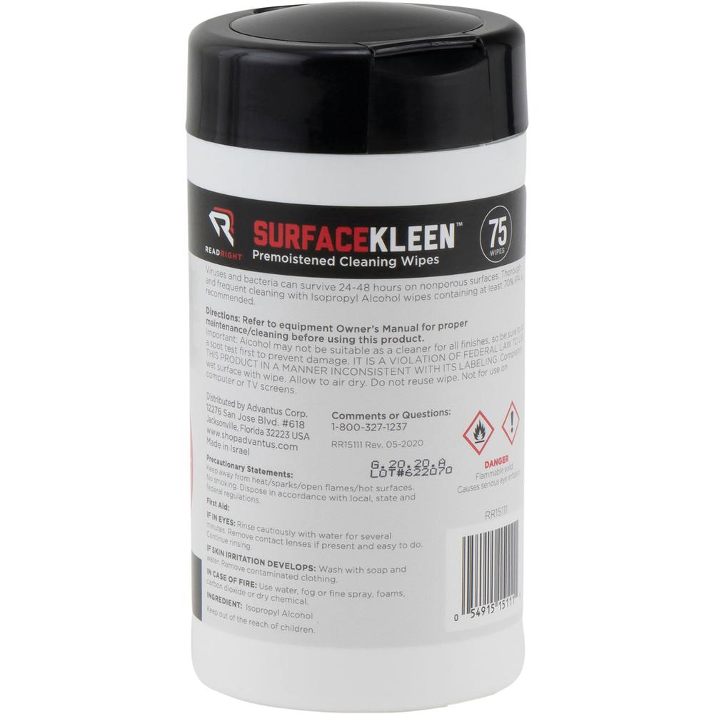 Read Right Surface Kleen Cleaning Wipes - 6.30" Length x 5" Width - 75 / Tub - 1 Each - Pre-moistened, Fast Acting, Quick Drying - White. Picture 4