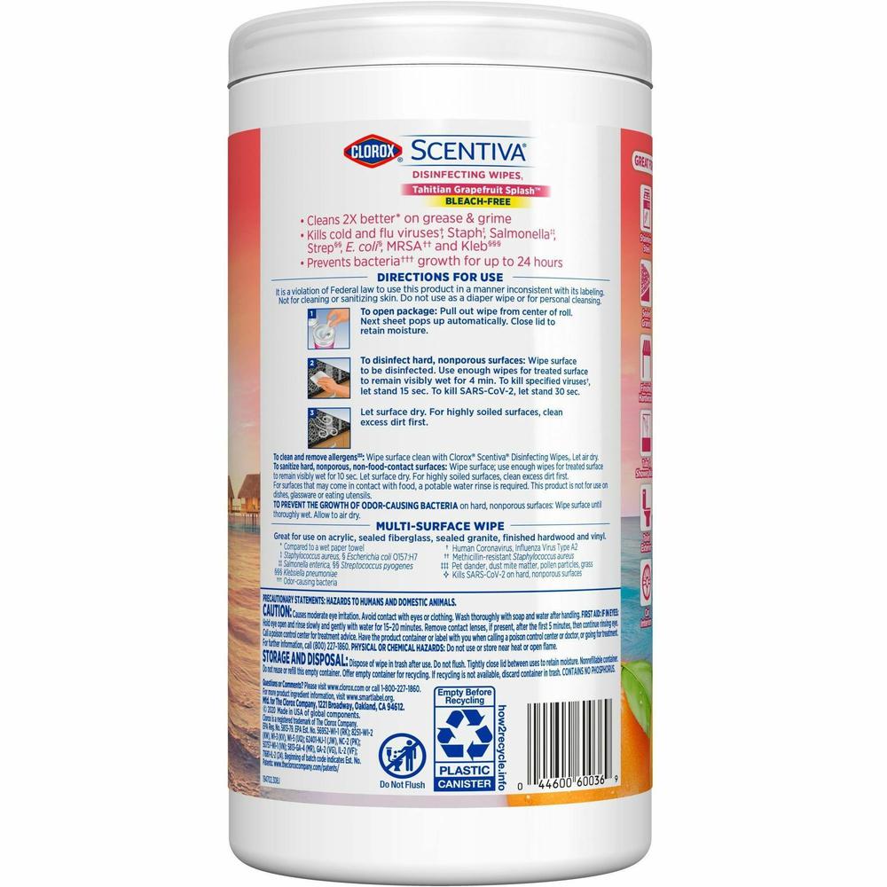 Clorox Scentiva Wipes, Bleach Free Cleaning Wipes - Ready-To-Use - Tahitian Grapefruit Splash Scent - 75 / Tub - 1 Each - Bleach-free, Disinfectant, Deodorize - White. Picture 6