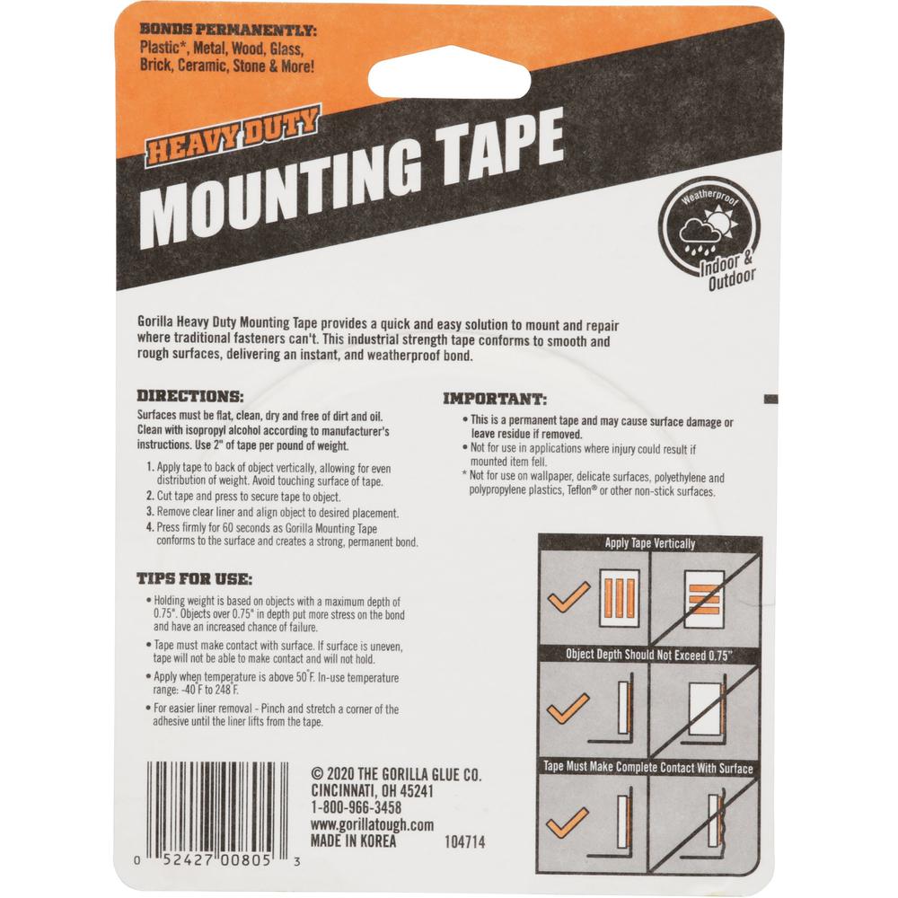 Gorilla Heavy Duty Mounting Tape - 10 ft Length x 1" Width - 1 Each - Black. Picture 2