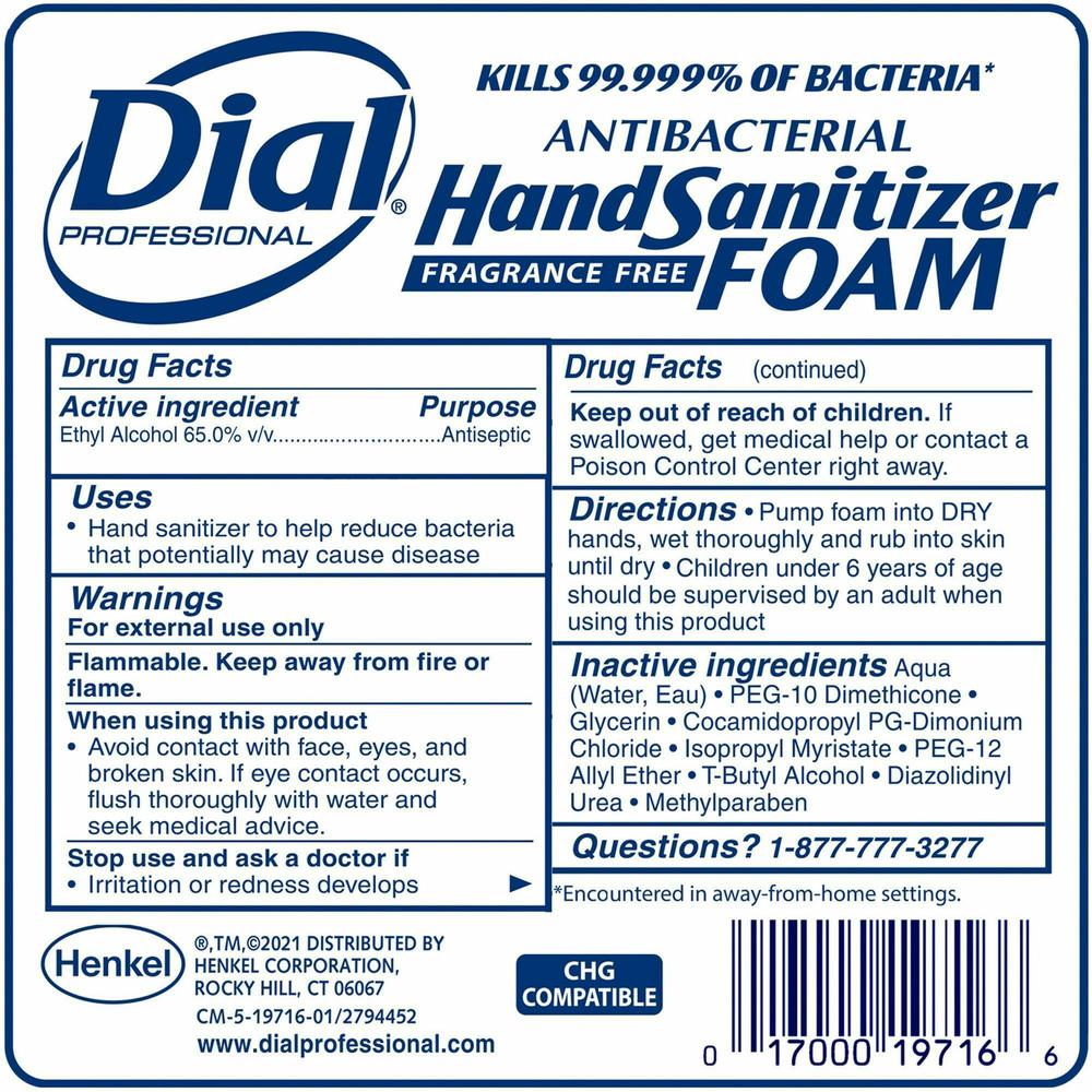Dial Hand Sanitizer Foam Refill - 40.6 fl oz (1200 mL) - Bottle Dispenser - Bacteria Remover - Hand - White - Fragrance-free, Dye-free. Picture 2