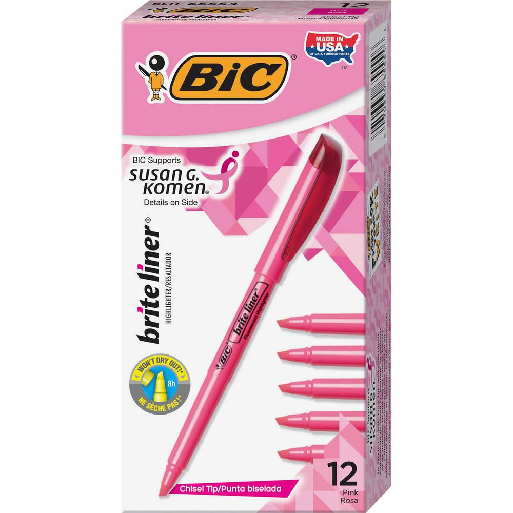 BIC Brite Liner Highlighters - Chisel Marker Point Style - Fluorescent Pink Water Based Ink - 1 Dozen. Picture 4
