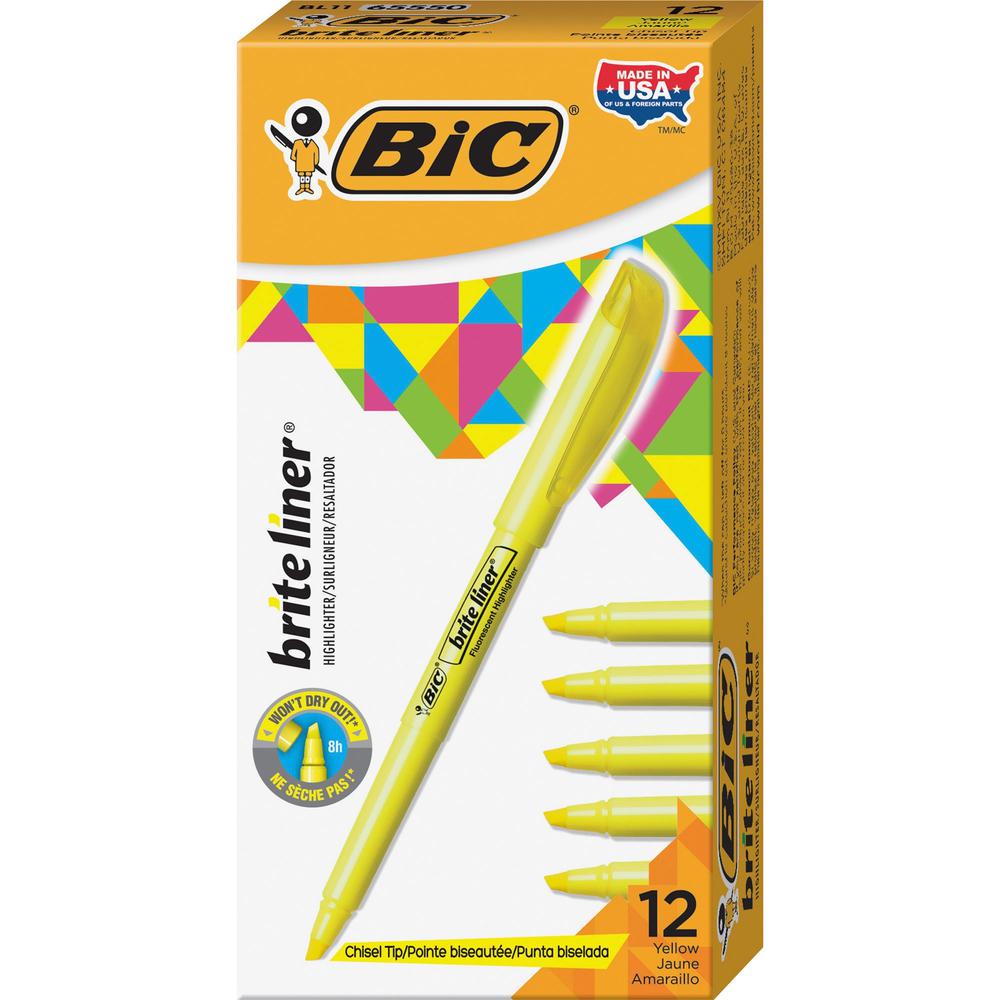 BIC Brite Liner Highlighters - Chisel Marker Point Style - Fluorescent Yellow Water Based Ink - 1 Dozen. Picture 3