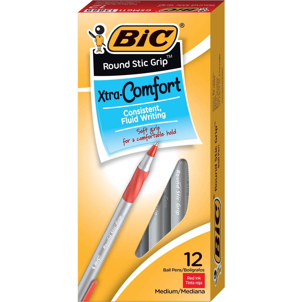 BIC Round Stic Grip Ballpoint Pen - Medium Pen Point - Red - Frost Barrel - 1 Dozen. Picture 3