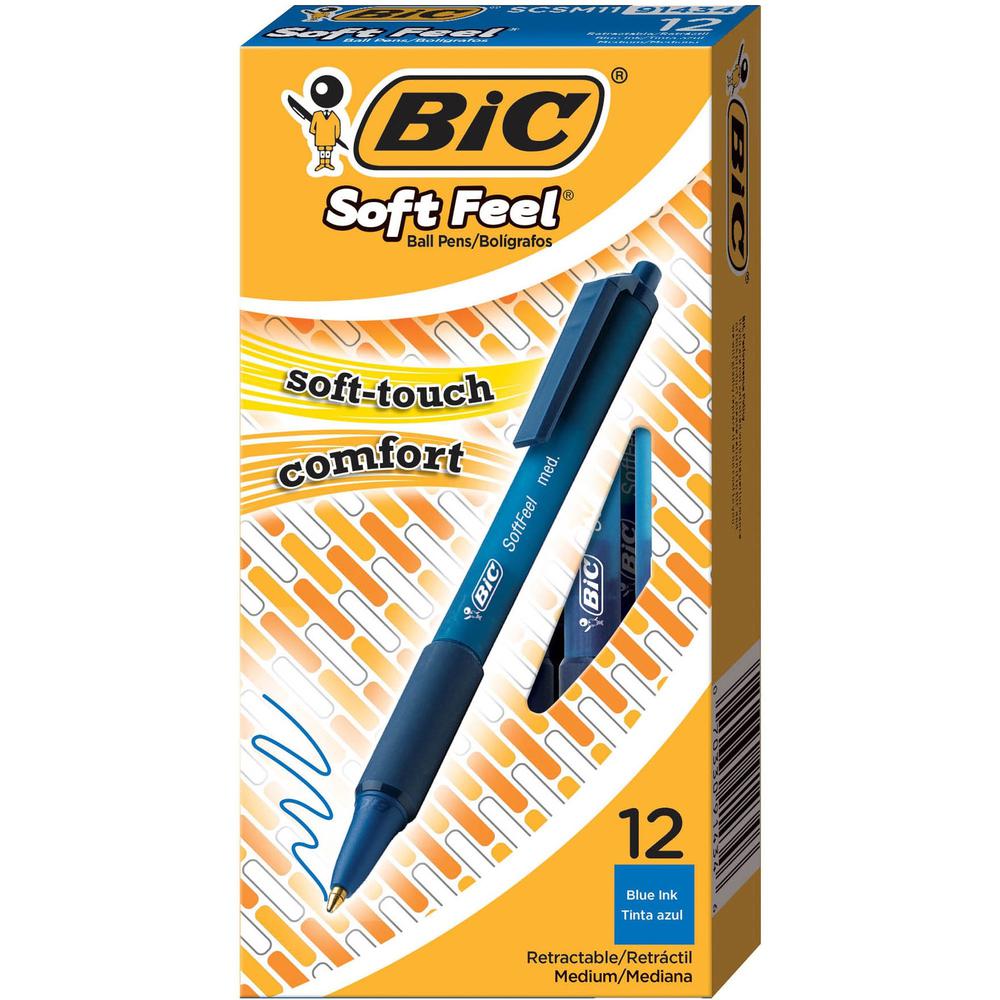 BIC SoftFeel Retractable Ball Pens - Medium Pen Point - Retractable - Blue - Blue Rubber Barrel - 1 Dozen. Picture 3