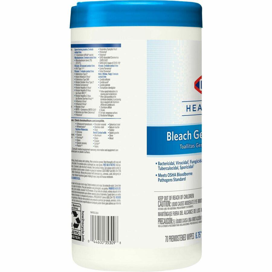 Clorox Healthcare Bleach Germicidal Wipes - Ready-To-Use - 9" Length x 6.75" Width - 70 / Canister - 1 Each - Disinfectant, Antimicrobial, Anti-corrosive, Unscented - White. Picture 10