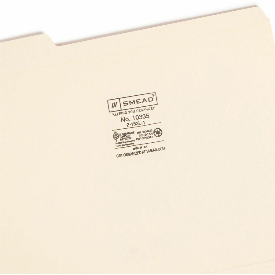 Smead 1/3 Tab Cut Letter Recycled Top Tab File Folder - 8 1/2" x 11" - 3/4" Expansion - Top Tab Location - Left Tab Position - Manila - 10% Recycled - 100 / Box. Picture 8