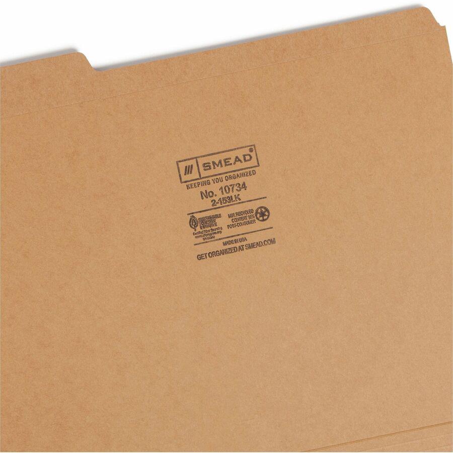 Smead 1/3 Tab Cut Letter Recycled Top Tab File Folder - 8 1/2" x 11" - 3/4" Expansion - Top Tab Location - Assorted Position Tab Position - Kraft - 10% Recycled - 100 / Box. Picture 8