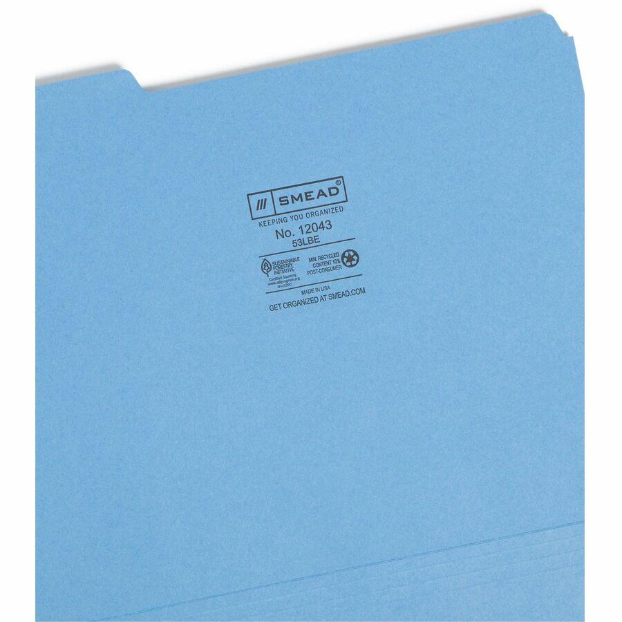 Smead 1/3 Tab Cut Letter Recycled Top Tab File Folder - 8 1/2" x 11" - 3/4" Expansion - Top Tab Location - Assorted Position Tab Position - Blue - 10% Recycled - 100 / Box. Picture 10