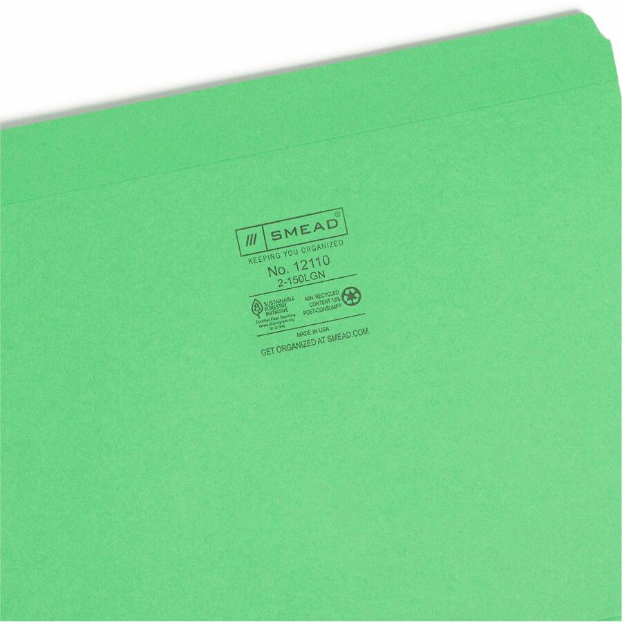 Smead Straight Tab Cut Letter Recycled Top Tab File Folder - 8 1/2" x 11" - 3/4" Expansion - Green - 10% Recycled - 100 / Box. Picture 10