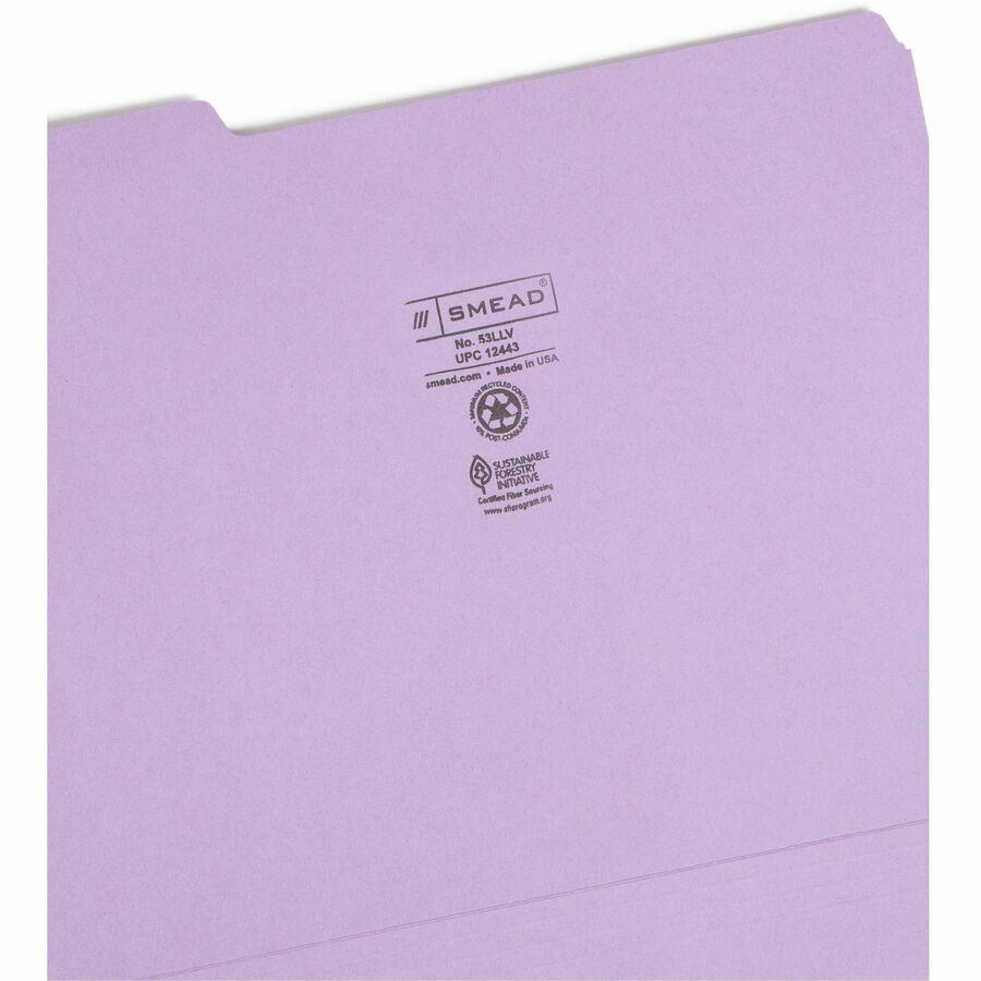 Smead Colored 1/3 Tab Cut Letter Recycled Top Tab File Folder - 8 1/2" x 11" - 3/4" Expansion - Top Tab Location - Assorted Position Tab Position - Lavender - 10% Recycled - 100 / Box. Picture 10
