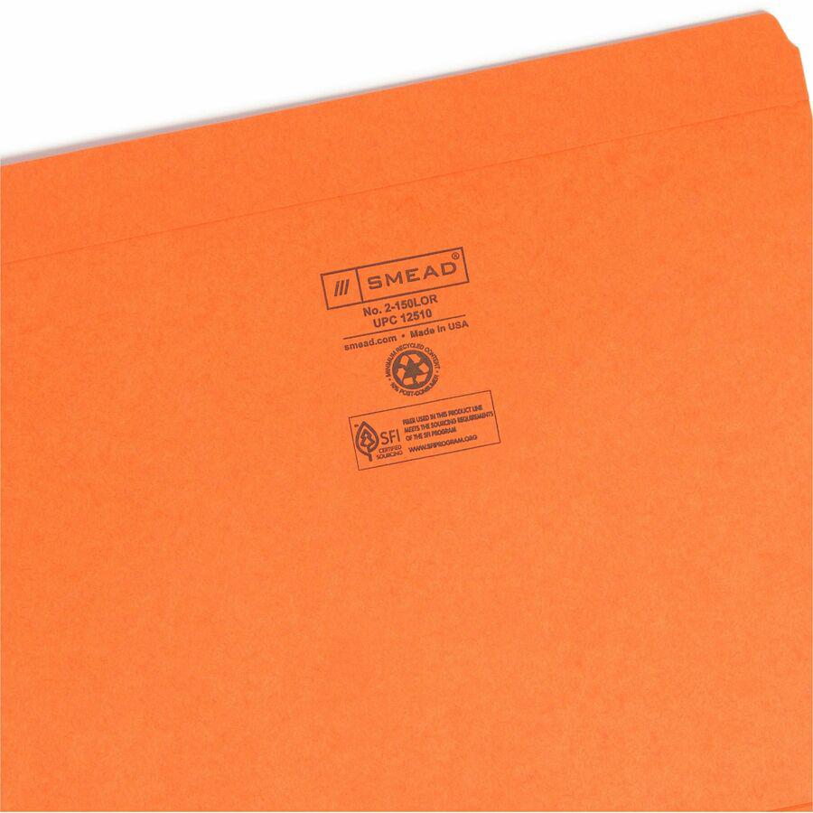 Smead Colored Straight Tab Cut Letter Recycled Top Tab File Folder - 8 1/2" x 11" - 3/4" Expansion - Orange - 10% Recycled - 100 / Box. Picture 8