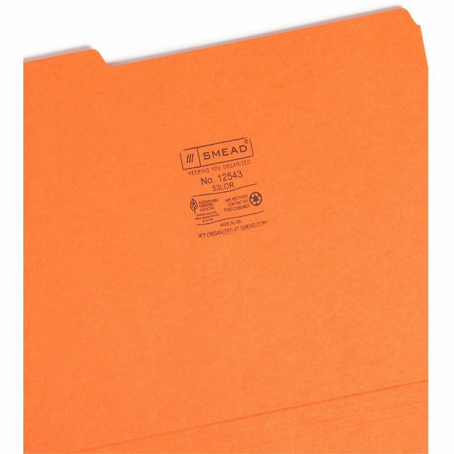 Smead Colored 1/3 Tab Cut Letter Recycled Top Tab File Folder - 8 1/2" x 11" - 3/4" Expansion - Top Tab Location - Assorted Position Tab Position - Orange - 10% Recycled - 100 / Box. Picture 8