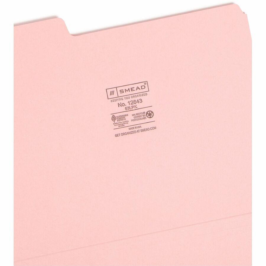 Smead Colored 1/3 Tab Cut Letter Recycled Top Tab File Folder - 8 1/2" x 11" - 3/4" Expansion - Top Tab Location - Assorted Position Tab Position - Pink - 10% Recycled - 100 / Box. Picture 8
