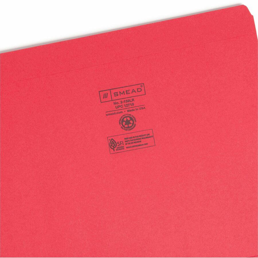Smead Colored Straight Tab Cut Letter Recycled Top Tab File Folder - 8 1/2" x 11" - 3/4" Expansion - Red - 10% Recycled - 100 / Box. Picture 8