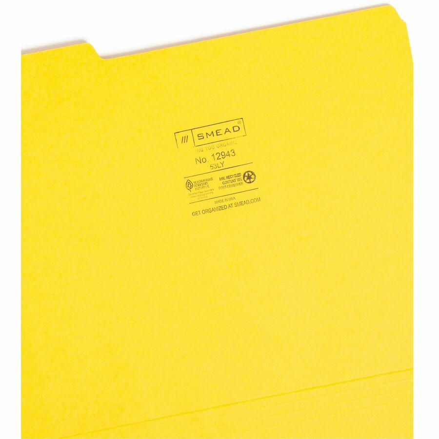 Smead Colored 1/3 Tab Cut Letter Recycled Top Tab File Folder - 8 1/2" x 11" - 3/4" Expansion - Top Tab Location - Assorted Position Tab Position - Yellow - 10% Recycled - 100 / Box. Picture 8