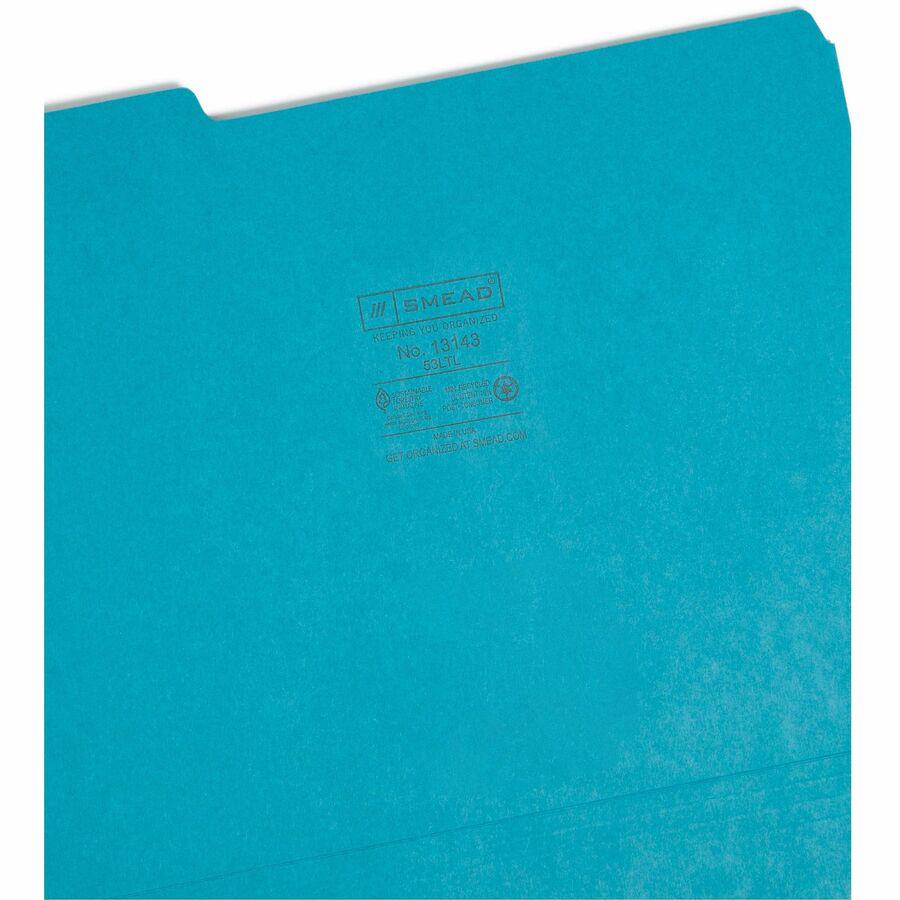 Smead Colored 1/3 Tab Cut Letter Recycled Top Tab File Folder - 8 1/2" x 11" - 3/4" Expansion - Top Tab Location - Assorted Position Tab Position - Teal - 10% Recycled - 100 / Box. Picture 8