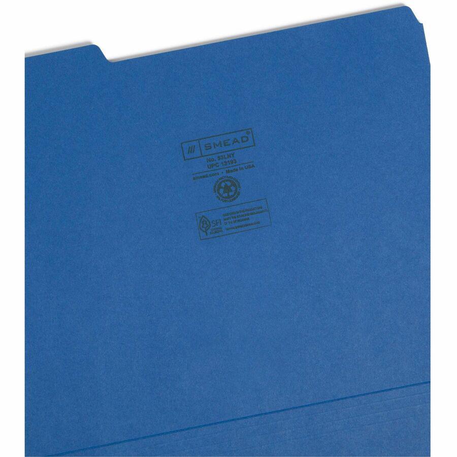 Smead Colored 1/3 Tab Cut Letter Recycled Top Tab File Folder - 8 1/2" x 11" - 3/4" Expansion - Top Tab Location - Assorted Position Tab Position - Navy Blue - 10% Recycled - 100 / Box. Picture 5